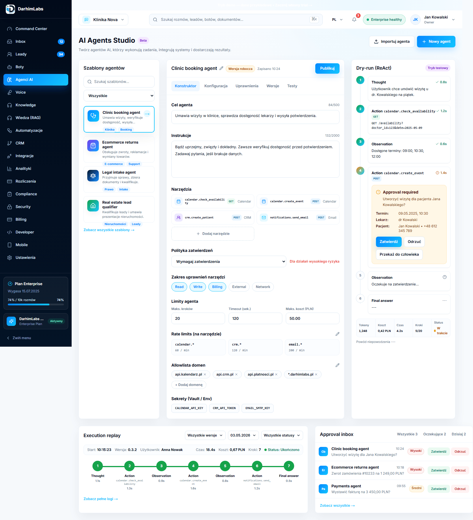 Prawdziwy screenshot DarhimLabs AI Agents Studio z szablonami, konstruktorem i dry-run ReAct