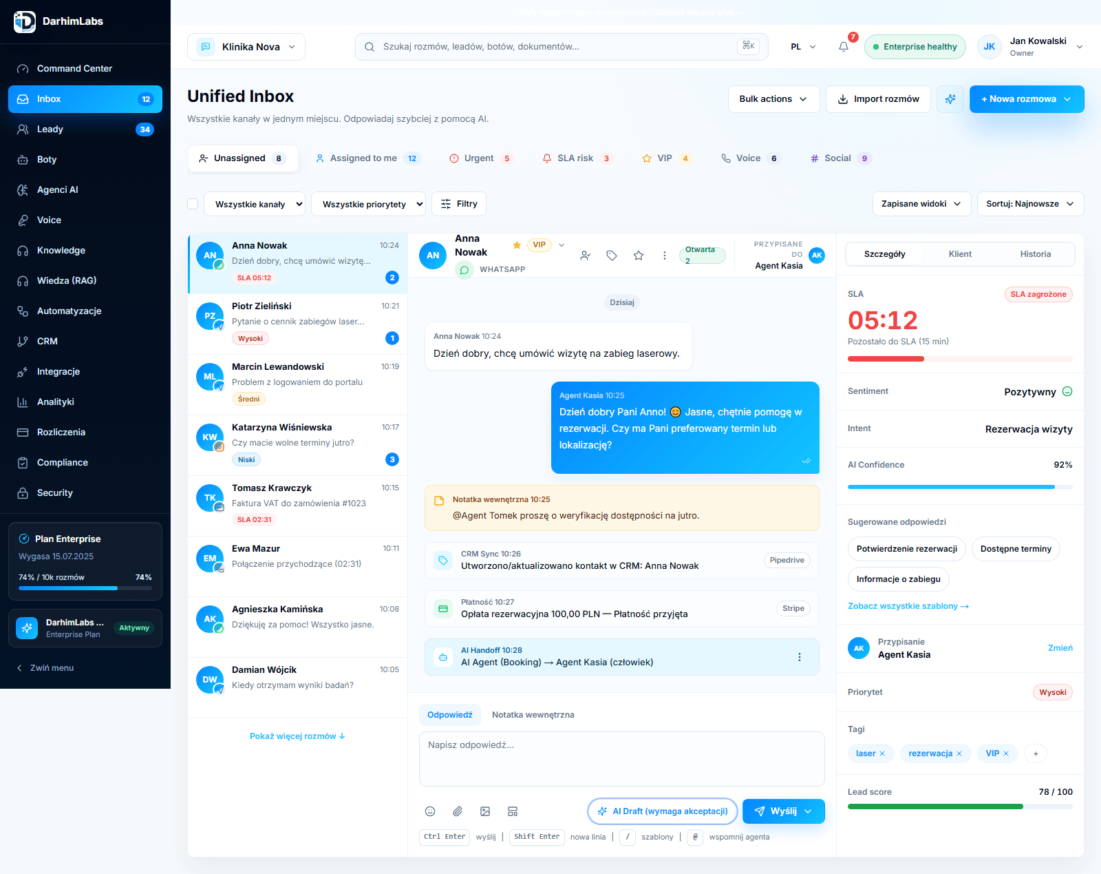 Prawdziwy screenshot DarhimLabs Unified Inbox z lista rozmow, czatem, SLA i panelem klienta