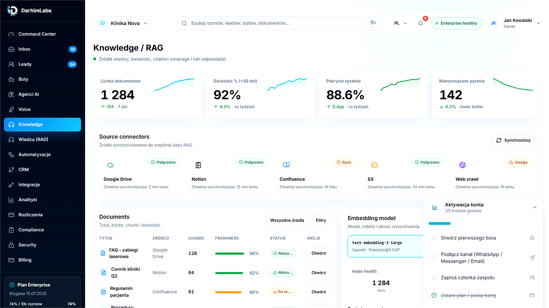 Real DarhimLabs Knowledge RAG dashboard screenshot with sources, documents and onboarding