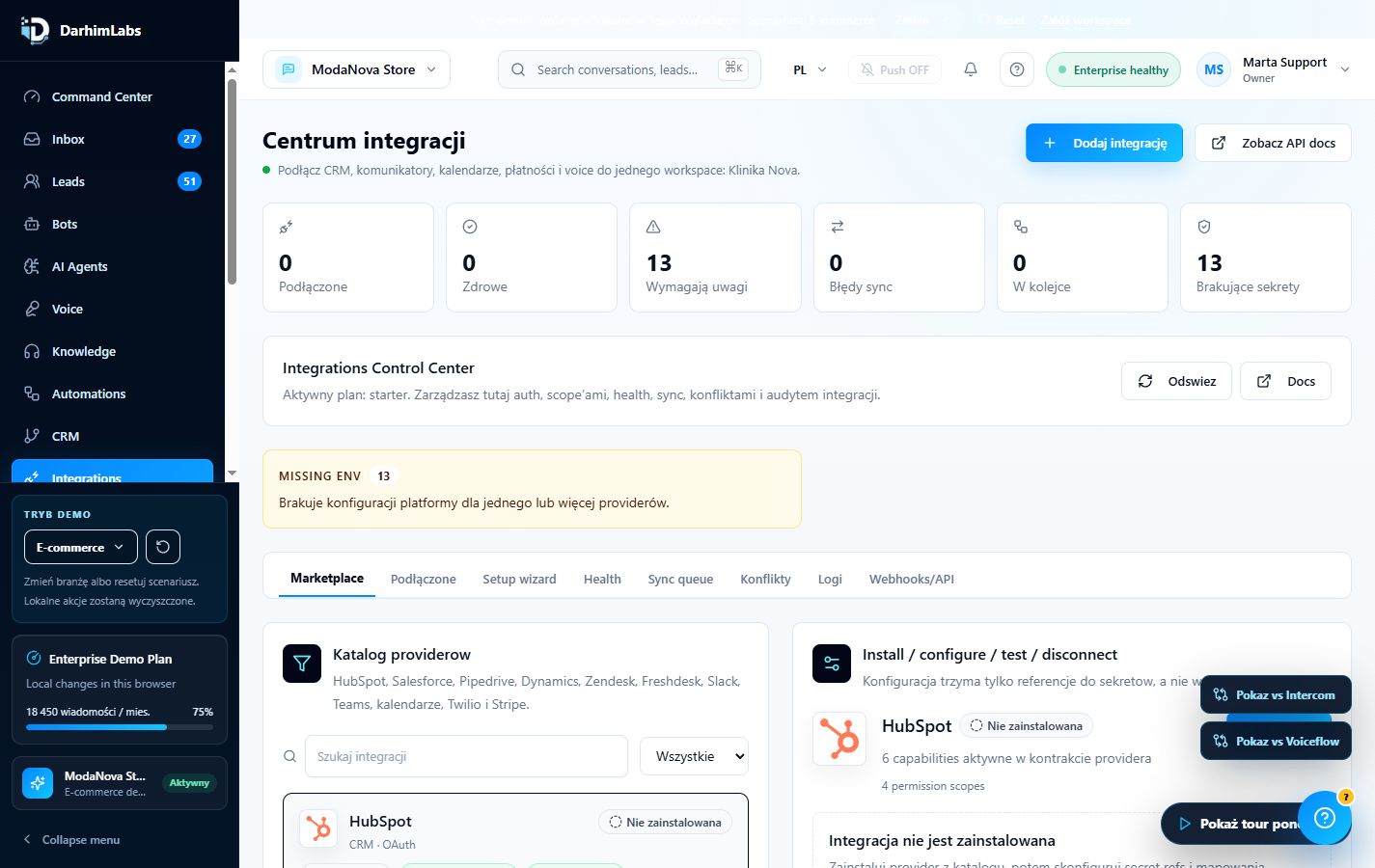 Prawdziwy screenshot dashboardu integracji DarhimLabs z katalogiem providerow, setupem, health checkami i API